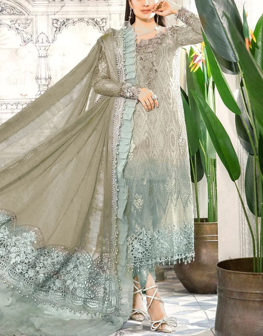 Luxury Embroidered Ombre Style Chiffon Formal Party Dress in Dusty Grayish-Green